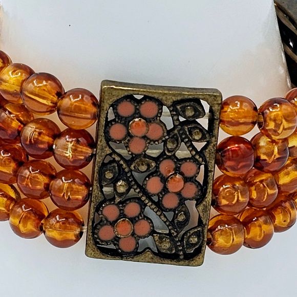 Autumn Bracelet Vintage Genuine Amber Bead Enamel Flowers Brass Filigree Stretch - Picture 3 of 10